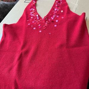 RED CASHMERE SWEATER HALTER STYLED HAND BEADED EUC THINK HOLIDAY PARTY SZ MEDIUM